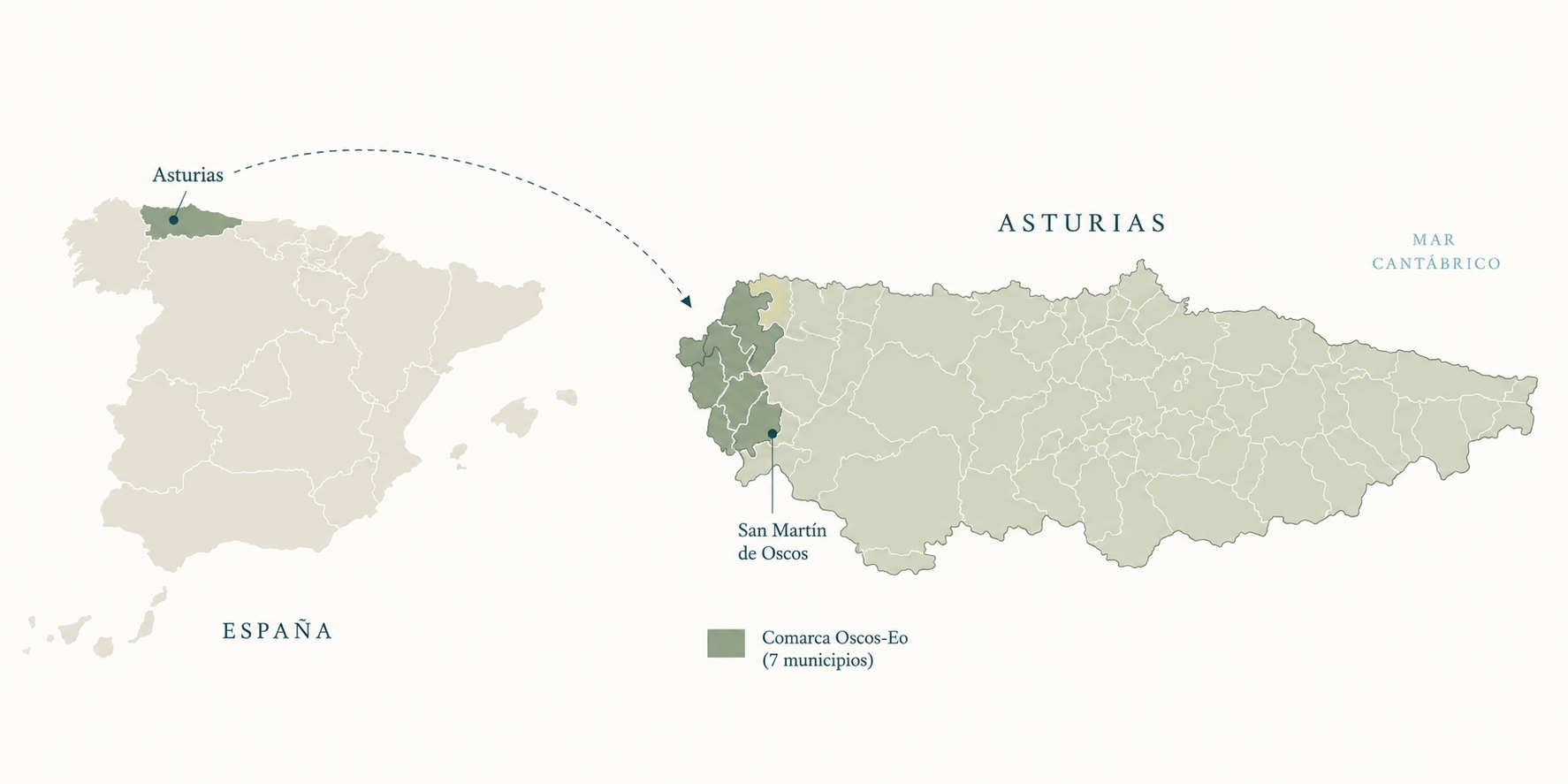 Localización de la comarca Oscos-Eo y San Martín de Oscos en Asturias y España